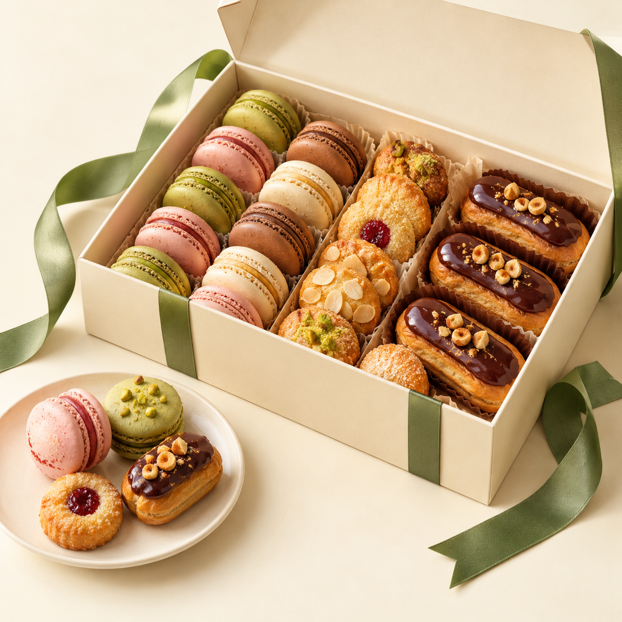 Coffret gourmand de macarons, cookies et petits éclairs