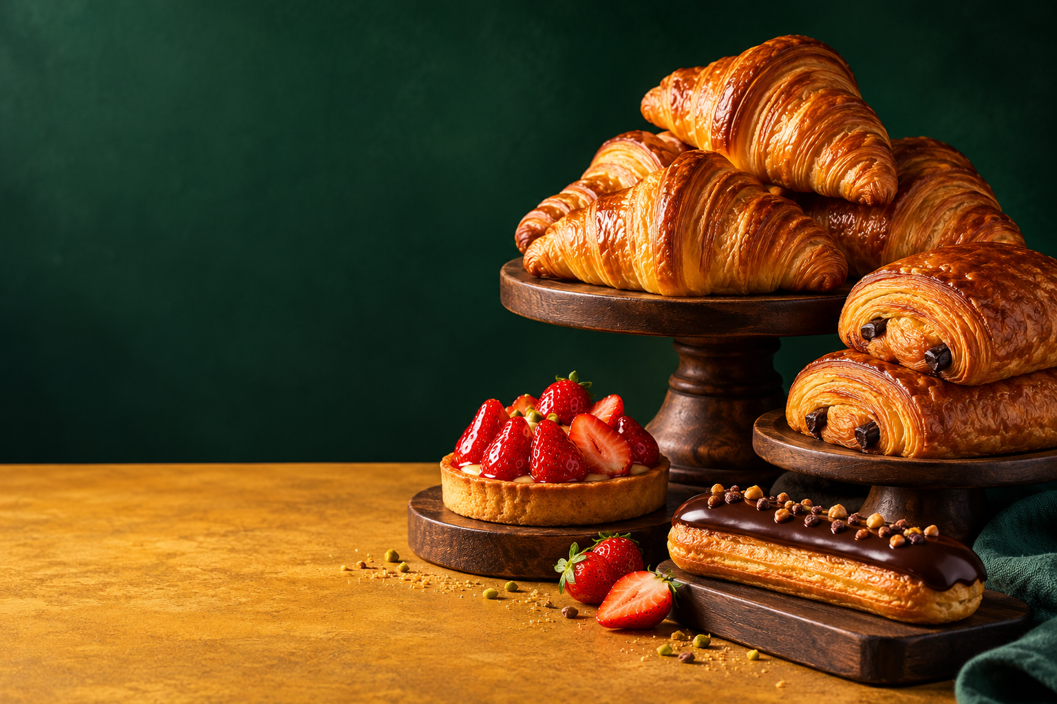 Croissants dorés, pains au chocolat et pâtisseries françaises sur un fond vert profond